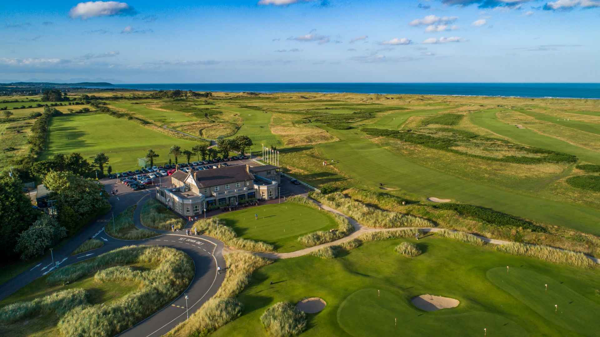 aerial shot of County Louth Golf Club clubhouse and course