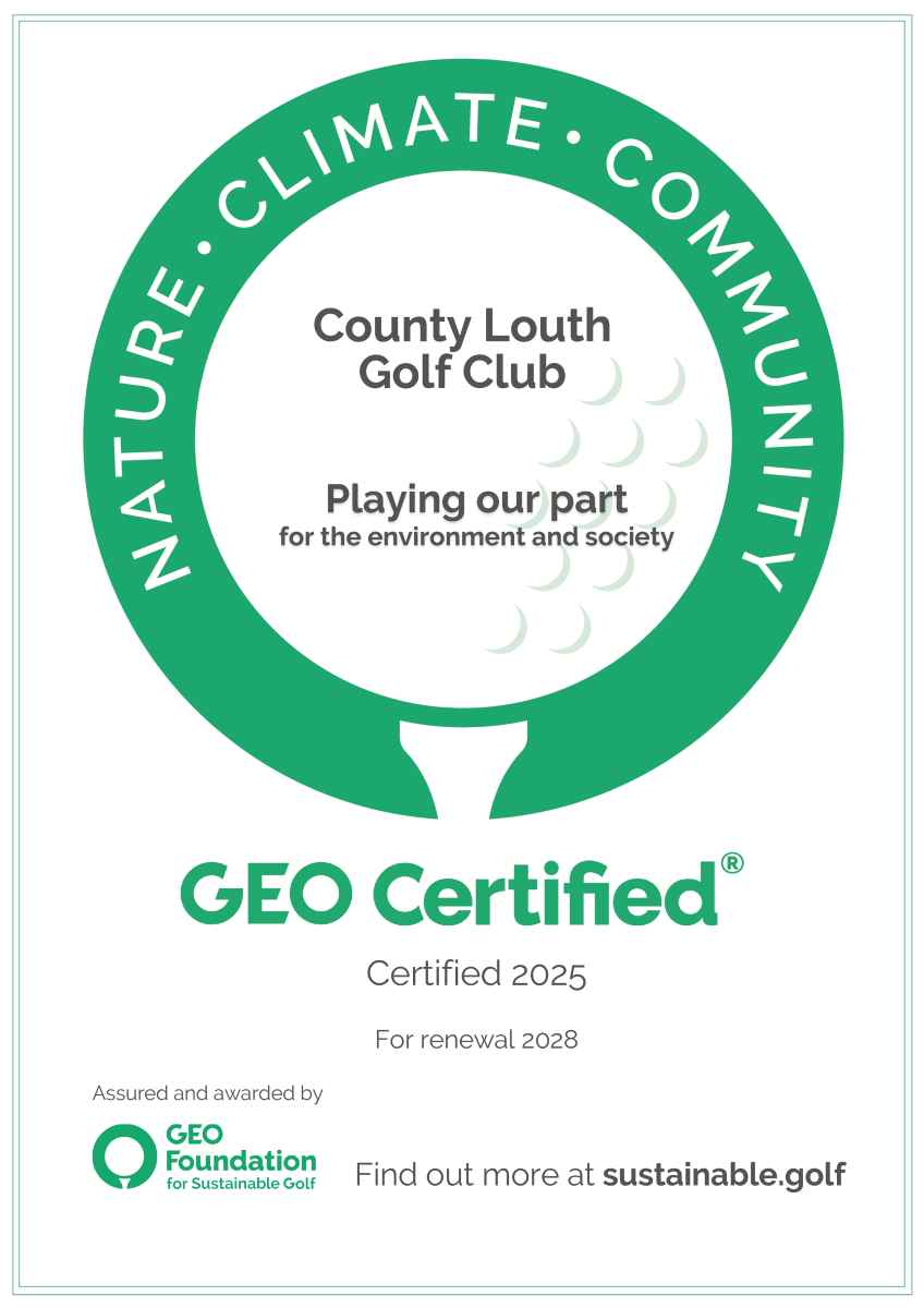 County Louth Golf Club, GEO Certified 2025 logo from GEO Foundation for Sustainable Golf
